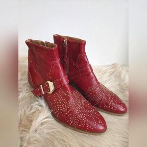 ZARA red leather gold studded heeled Booties, western, contemporary | size 39